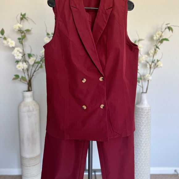 Pants and blazer set -notched collar top-double button at front-high waist pants - Picture 2 of 7